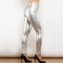 Load image into Gallery viewer, Shascullfites Melody Silver Leather High Waist Pants with Ring Zipper Sexy Tight Hip Scrunch Bum Leather Leggings
