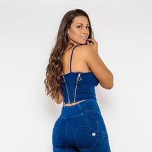 Load image into Gallery viewer, Shascullfites Melody Shapers Dark Blue Denim Camis Zippers Crop Top Women Slim Fit Tops Sleeveless Straps Tank Top
