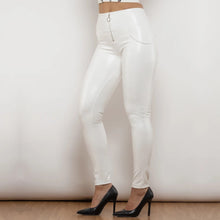 Load image into Gallery viewer, Shascullfites Melody Ring Zipper PU Leather Pants High Waist Elastic High Street Pants Trousers Push Up White Leather Leggings
