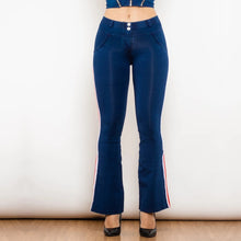 Load image into Gallery viewer, Shascullfites Melody Fashion White Red Side Stripe Flare Jeans Butt Lifting Female Casual Elasticity Dark Blue Denim Bell Pants
